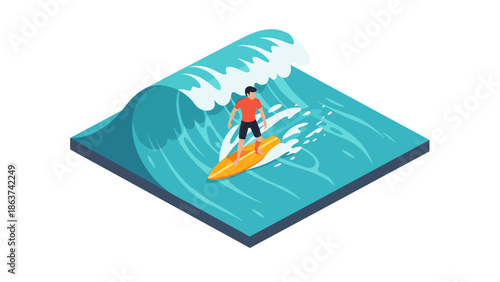 Isometric surfer riding a wave in vibrant blue ocean scene