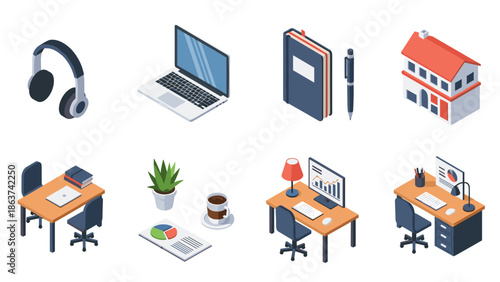 Isometric office essentials: headphones, laptop, notebook, and workspace setup for modern productivity