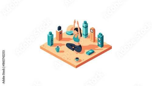 Morning yoga meditation in urban isometric cityscape environment
