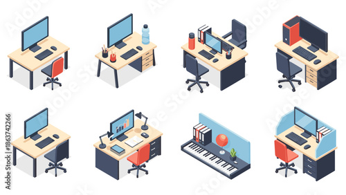 Modern isometric office desks with computers and accessories for home or work spaces