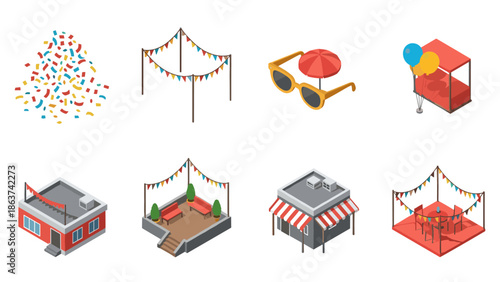 Isometric summer festival elements with decorations and accessories