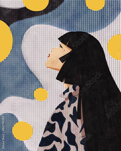 Watercolor pop art illustration of  stylish woman with long black hair in  patterned outfit,surrounded by abstract dots and yellow circles.Great for modern design, fashion, and retro-inspired themes