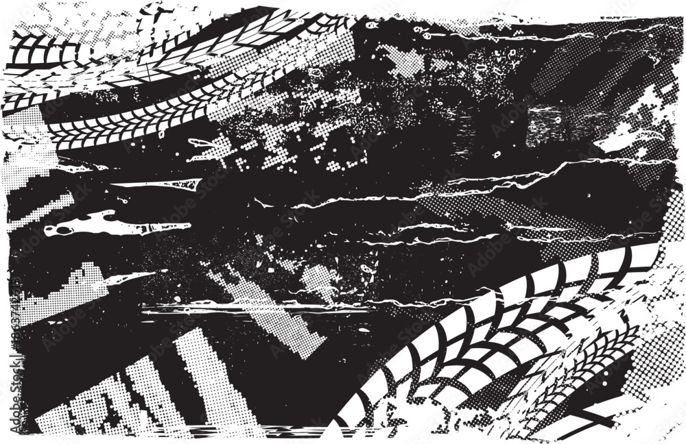 Naklejka premium Vector Print Textured Tire Track banner. Design Element . Car tread silhouette . Mud splash grunge texture. Drift show 