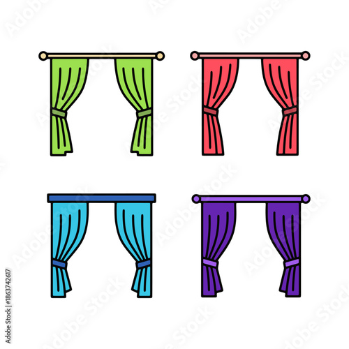 Set of colorful window curtains and drapes for home interior decoration and textiles.