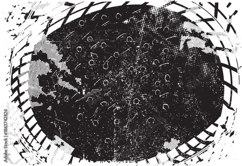 Vector Print Textured Tire Track banner. Design Element . Car tread silhouette . Mud splash grunge texture. Drift show
