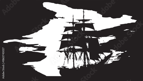 Pirate ship silhouette vector on the sea