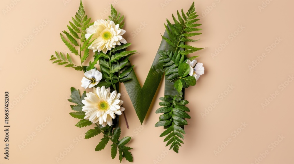 Fototapeta premium Floral Letter M Composition with Tropical Greenery and Natural Elements on Soft Beige Background