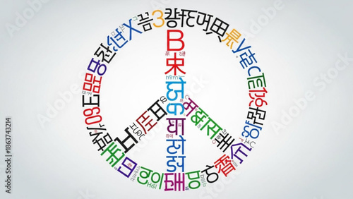 Multicolored peace sign with various international words and languages on a light gray background symbolizing global harmony and unity in a stylized graphic design