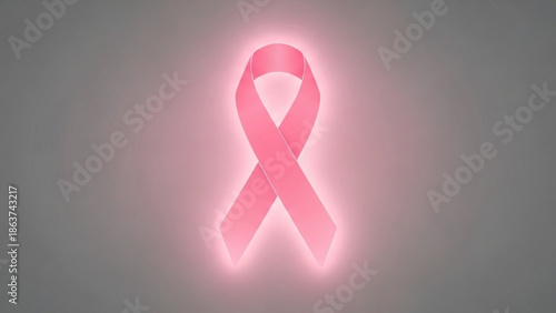 Glowing pink breast cancer awareness ribbon on gray background, symbolizing hope and support for patients and survivors, health campaign concept
