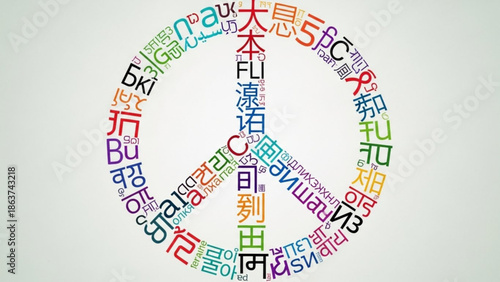 Vibrant multilingual peace sign with colorful foreign language text on white background symbolizing global harmony and unity with international