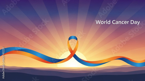 Vibrant orange and blue ribbon at sunset for world cancer day awareness with sunburst background with cancer awareness and health and support