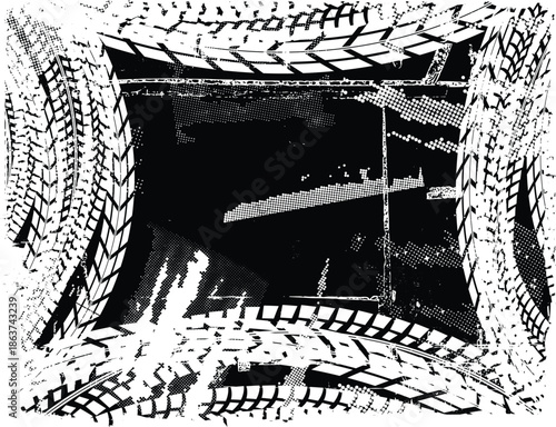 Vector Print Textured Tire Track banner. Design Element . Car tread silhouette . Mud splash grunge texture. Drift show
