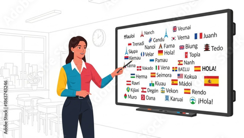 Businesswoman teaching languages on screen with hello translations in various languages with multilingual and education and training and presentation