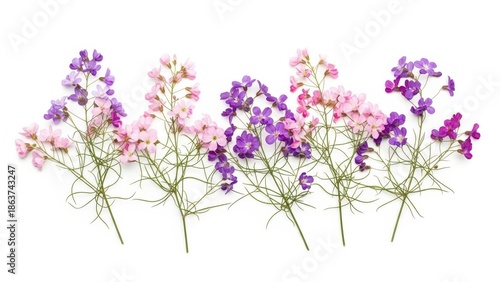 Colorful Delphinium Flowers on White Background, Floral Spring Seasonal Design