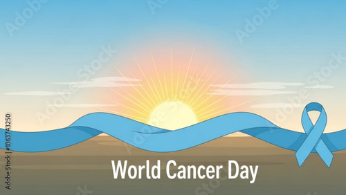 World cancer day awareness concept with blue ribbon and sunset background symbolizing hope and support for cancer patients and survivors globally