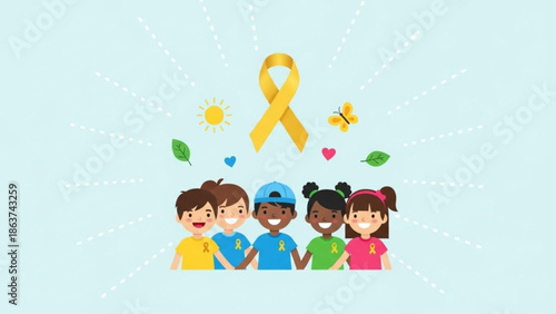 Diverse group of happy children wearing awareness ribbons surrounded by sun leaves hearts and butterfly on light blue background symbolizing hope and support