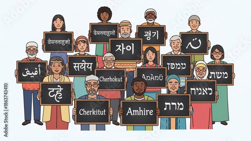 Diverse group of people holding signs with words in different languages, promoting unity and communication with multicultural and global community