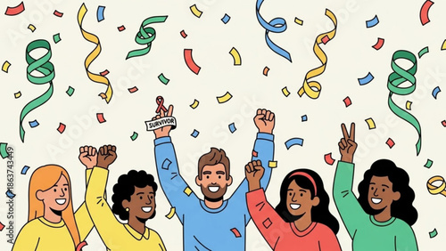 Diverse group of people celebrating with raised arms and confetti in the air, expressing joy and triumph with a survivor sign, symbolizing achievement and victory
