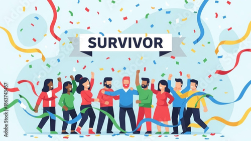 Diverse group of people celebrating victory with confetti and ribbons, survivor concept with joyful crowd with celebration and festive and triumphant