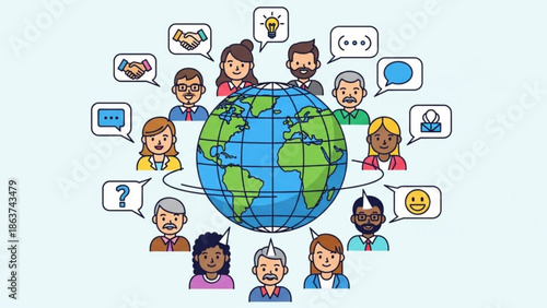Diverse group of people from around the world communicating and collaborating globally with speech bubbles and a globe with global communication
