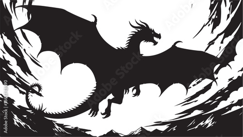 Black and white dragon silhouette tattoo vector illustration