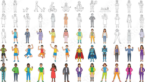 Colorful diverse people character illustration set showing daily activities professions fitness superheroes flat vector design for stock marketplace branding usage