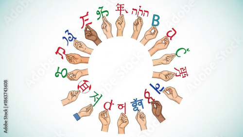 Diverse hands holding colorful letters and symbols from different languages in a circular formation on white background with circle and communication