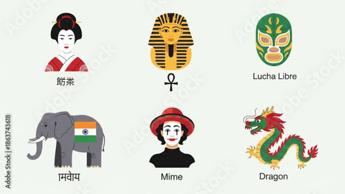 Vector illustrations of cultural icons and symbols from around the world including geisha elephant with indian flag dragon and mime with pharaoh mask and lucha libre