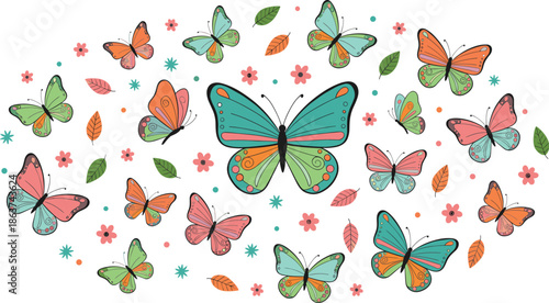 Colorful butterflies, whimsical nature, vibrant wings, decorative insects, spring garden, fantasy flight, floral background, artistic wildlife, dreamy illustration, joyful design