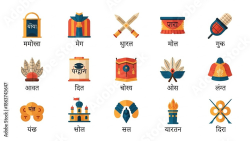 Tibetan buddhist symbols and icons, including prayer wheels, flags, and ritual objects, arranged in a colorful and harmonious composition with religious