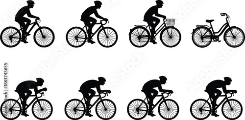 Cycling silhouettes, mountain bike, city bike, racing bike, rider posture, bicycle types, sports activity, urban commute, speed performance, fitness