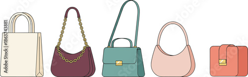 Handbags, fashion accessories, stylish purses, tote bag, shoulder bag, hobo bag, structured handbag, coral clutch, elegant design, retail display