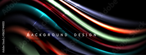 Abstract flowing lines create dynamic background. Vibrant colors blend, forming smooth curves against dark space. Modern design element.