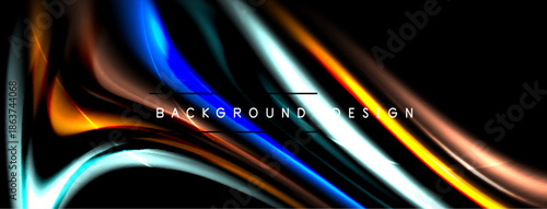 Abstract fluid shapes, vibrant colors, dynamic flow. Background features bright streaks, modern design elements.