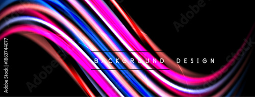 Abstract colorful lines flow across black background. Dynamic curves create modern visual effect. Bright hues dominate composition.
