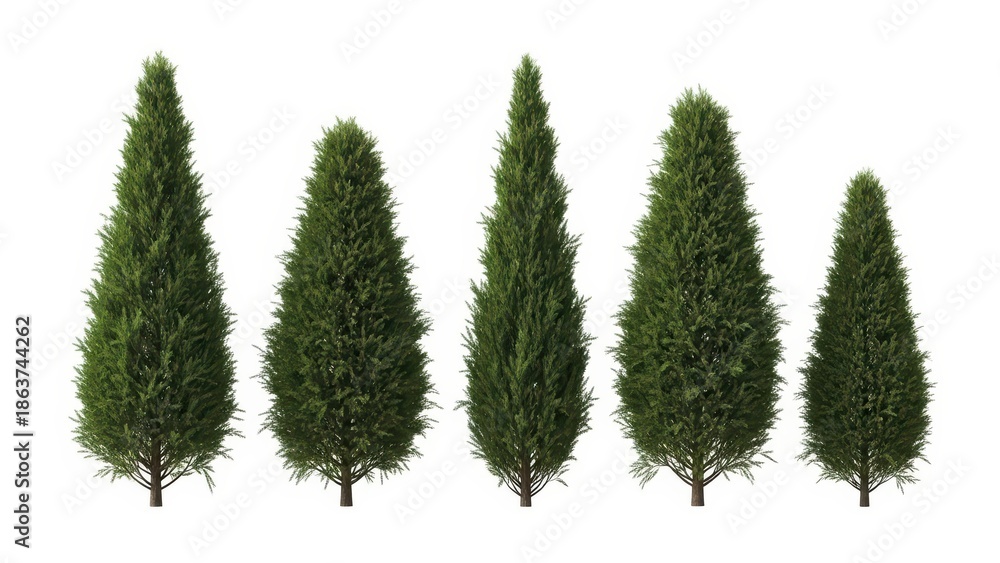 Obraz premium Row of Lush Green Cypress Trees on White Background - Coniferous Plants