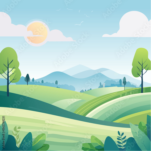 A vibrant summer vector illustration of a green landscape with trees and hills under a blue sky with clouds featuring a mountain view and meadow grass