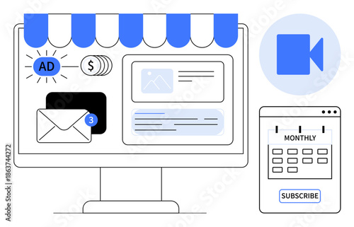 Digital marketing, online subscriptions, e-commerce, advertising, content streaming, scheduling services. Desktop marketing icons and subscription models. Digital marketing and online subscriptions