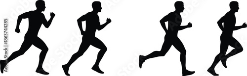 Running, silhouette, motion, athlete, sprint, black, figure, dynamic, pose, exercise, speed, movement, fitness, track, training, sport, action, human, biomechanics, sequence