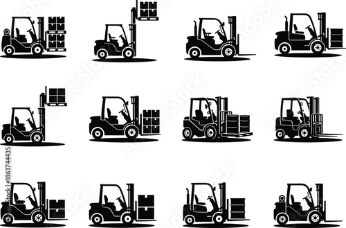 Forklift truck silhouette icon set showing warehouse loading unloading pallet lifting operations industrial material handling equipment vector collection