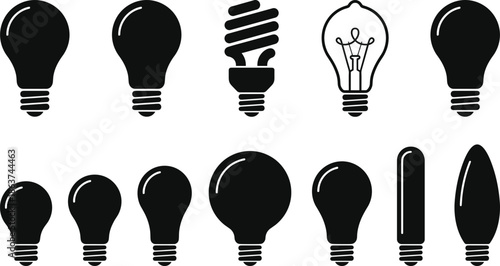 Light bulb silhouette icon set showing various lamp shapes incandescent and energy saving bulbs minimalist black vector symbols for ideas electricity and innovation