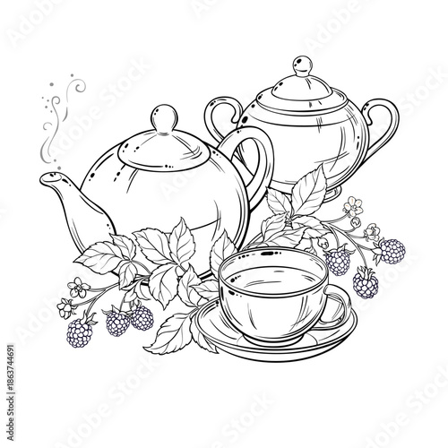 Blackberry Tea in Teapot aroma beverage Outline Illustration. Vector isolated for Design and Decoration for Cafeteria, Posters, Banners, Cards.