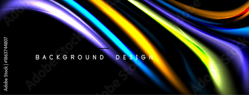 Abstract fluid lines, vibrant colors blend. Dark background emphasizes flowing shapes, modern design element.