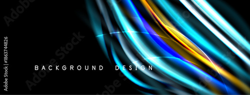 Abstract vibrant lines overlap creating dynamic flow. Dark background emphasizes colorful light streaks, modern design element.