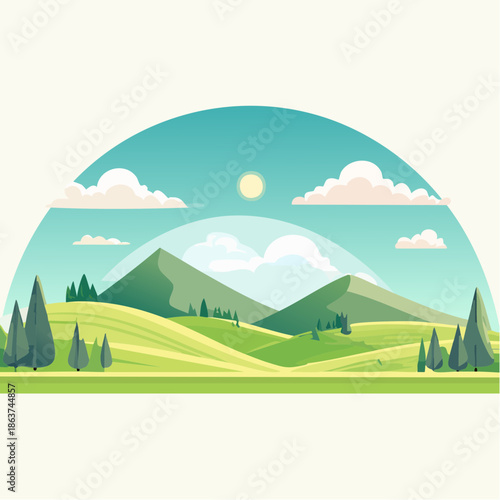 Vector illustration of a summer rural landscape with green fields, rolling hills, and trees under a sunny sky with clouds in a natural countryside environment