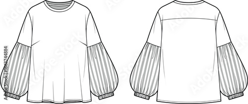 Vector fashion flat technical illustration of oversized balloon sleeve long sleeve t shirt top with gathered cuff and front and back views