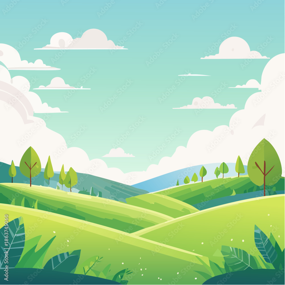 Obraz premium Cartoon illustration of a summer nature landscape featuring green hills and mountains under a blue sky with clouds, trees, and a sunlit meadow field