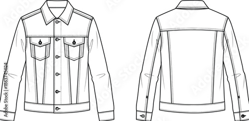 Vector denim jacket technical flat illustration showing front and back views with button closure chest pockets seam details classic trucker style apparel