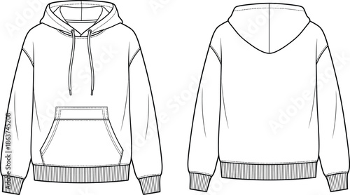 Vector hoodie pullover technical flat showing front and back views kangaroo pocket ribbed hem drawstring hood relaxed fit blank apparel mockup template