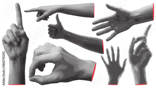Set of retro halftone parts of body. Trendy halftone hand various signs collection. Halftone collage elements. Vector illustration.
